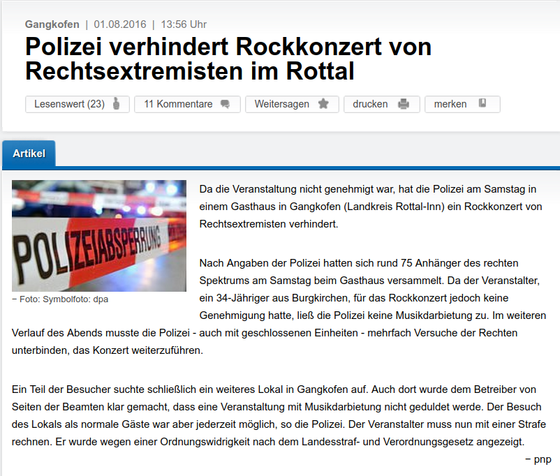 PNP-Bericht: Gangkofen: Polizei verhindert Rockkonzert von Rechtsextremisten im Rottal -