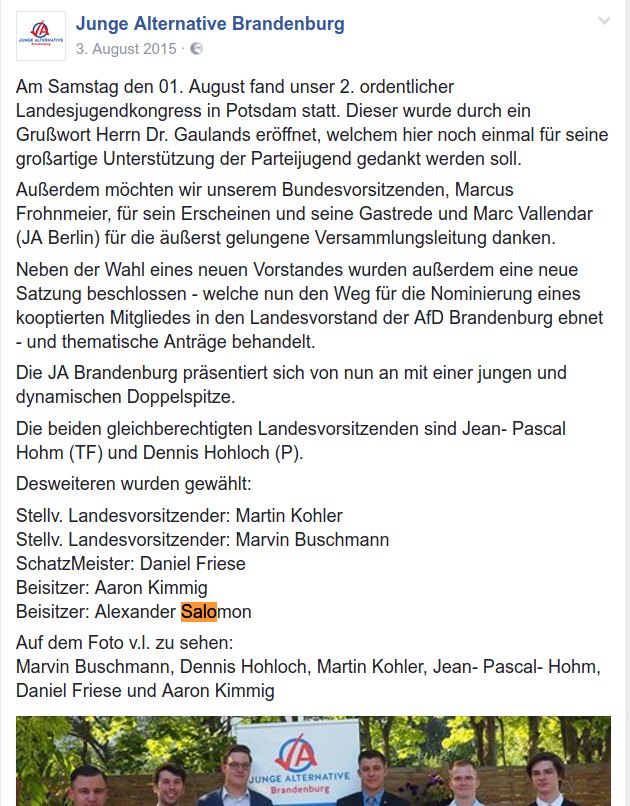 Facebookpost der JA Brandenburg zur Vorstandswahl